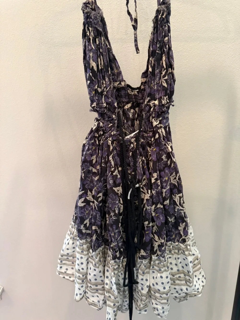 Free People Purple Floral Backless Sundress with Cream Polka-Dot Hem - Picture 4 of 7